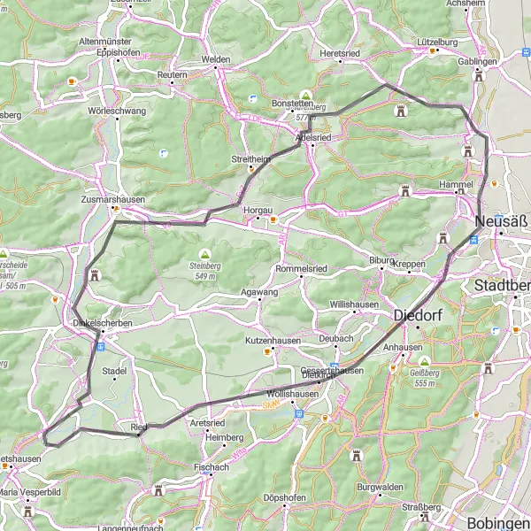 Karten-Miniaturansicht der Radinspiration "Straßenrunde um Zusmarshausen" in Schwaben, Germany. Erstellt vom Tarmacs.app-Routenplaner für Radtouren