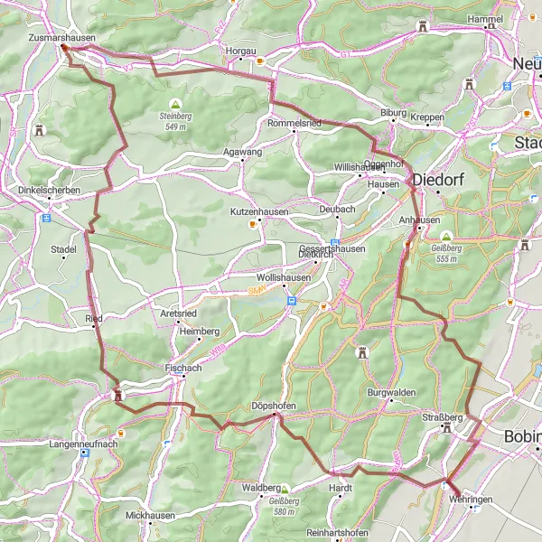 Map miniature of "Thrilling Gravel Adventure with Scenic Views" cycling inspiration in Schwaben, Germany. Generated by Tarmacs.app cycling route planner