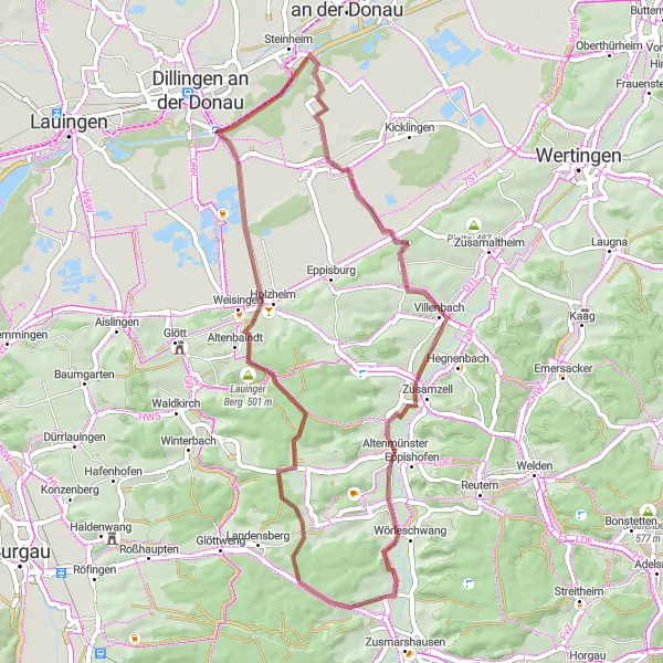 Map miniature of "Dillingen and Lauinger Berg Gravel Route" cycling inspiration in Schwaben, Germany. Generated by Tarmacs.app cycling route planner