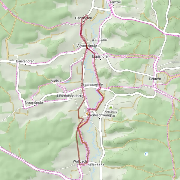 Map miniature of "Countryside Serenity" cycling inspiration in Schwaben, Germany. Generated by Tarmacs.app cycling route planner