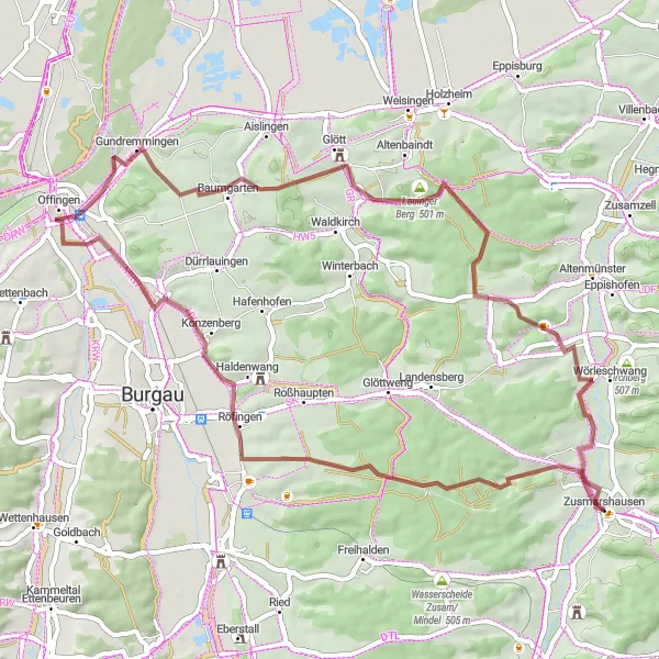 Map miniature of "Rural Escape" cycling inspiration in Schwaben, Germany. Generated by Tarmacs.app cycling route planner
