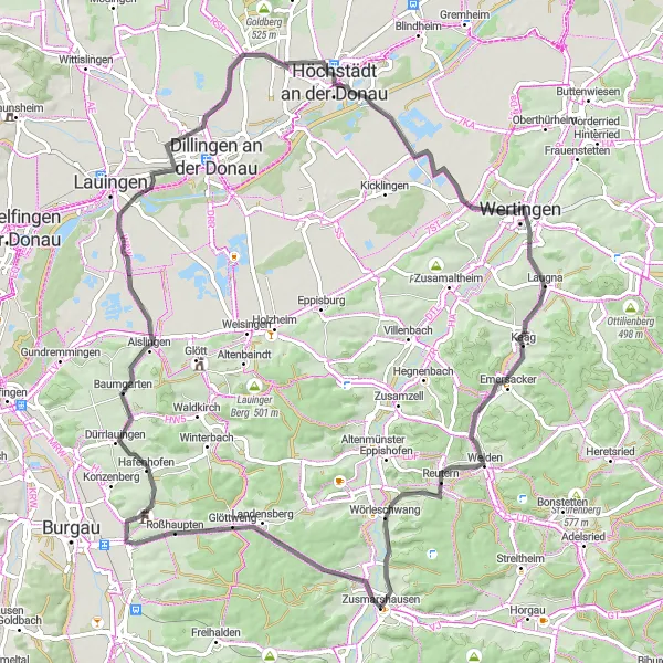 Map miniature of "Göttweng Loop" cycling inspiration in Schwaben, Germany. Generated by Tarmacs.app cycling route planner