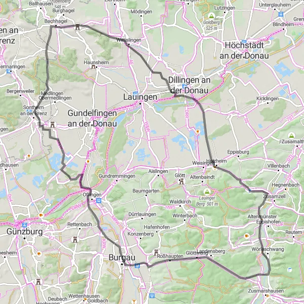 Map miniature of "Castles and Historic Towns Road Route" cycling inspiration in Schwaben, Germany. Generated by Tarmacs.app cycling route planner