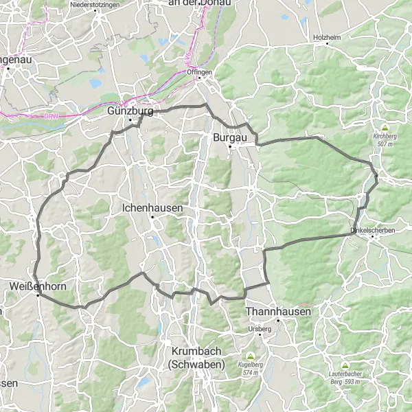 Map miniature of "Idyllic Countryside and Scenic Roads Road Route" cycling inspiration in Schwaben, Germany. Generated by Tarmacs.app cycling route planner