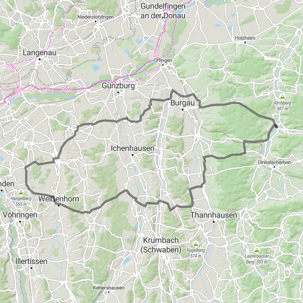 Map miniature of "Historic Villages and Hilltops Road Route" cycling inspiration in Schwaben, Germany. Generated by Tarmacs.app cycling route planner