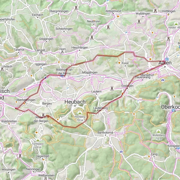 Karten-Miniaturansicht der Radinspiration "Gravel-Tour durch die malerische Landschaft von Aalen" in Stuttgart, Germany. Erstellt vom Tarmacs.app-Routenplaner für Radtouren