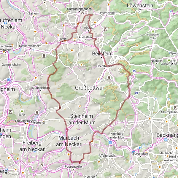 Map miniature of "Gravel Climbs and Historic Towns" cycling inspiration in Stuttgart, Germany. Generated by Tarmacs.app cycling route planner