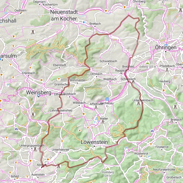Karten-Miniaturansicht der Radinspiration "Gravel-Abenteuer um Abstatt" in Stuttgart, Germany. Erstellt vom Tarmacs.app-Routenplaner für Radtouren