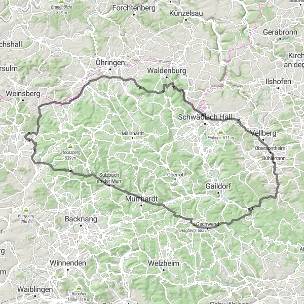 Map miniature of "Scenic Road Tour with Challenging Climbs" cycling inspiration in Stuttgart, Germany. Generated by Tarmacs.app cycling route planner