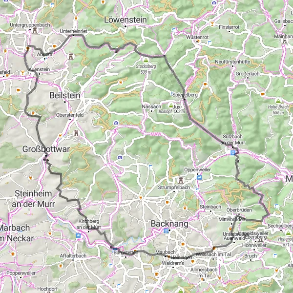 Karten-Miniaturansicht der Radinspiration "Hügelige Road-Tour durch charmante Dörfer" in Stuttgart, Germany. Erstellt vom Tarmacs.app-Routenplaner für Radtouren