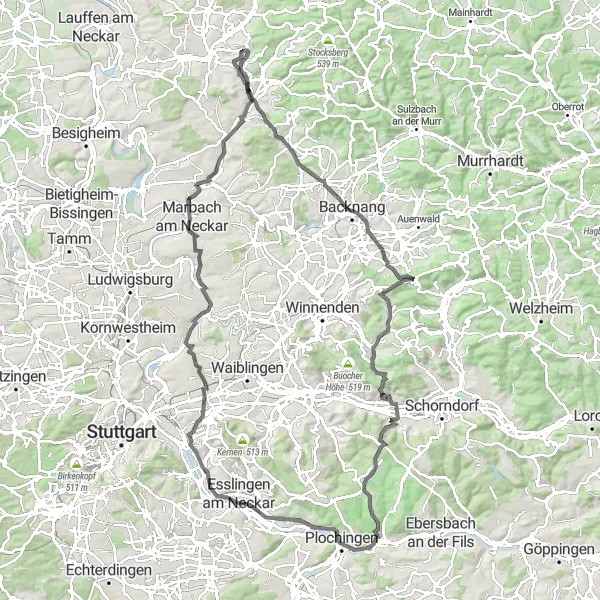 Karten-Miniaturansicht der Radinspiration "Panorama-Radtour durch die Weinberge" in Stuttgart, Germany. Erstellt vom Tarmacs.app-Routenplaner für Radtouren