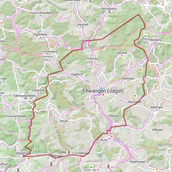 Karten-Miniaturansicht der Radinspiration "Rundweg Abtsgmünd - Der Reigen" in Stuttgart, Germany. Erstellt vom Tarmacs.app-Routenplaner für Radtouren