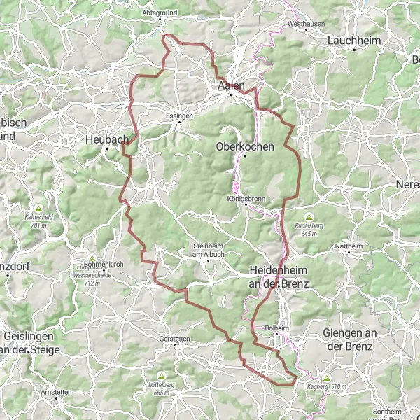 Map miniature of "Aalen to Berg Gravel Route" cycling inspiration in Stuttgart, Germany. Generated by Tarmacs.app cycling route planner