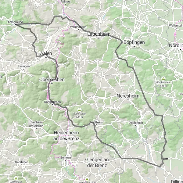 Karten-Miniaturansicht der Radinspiration "Radtour durch Lauchheim und Aalen" in Stuttgart, Germany. Erstellt vom Tarmacs.app-Routenplaner für Radtouren