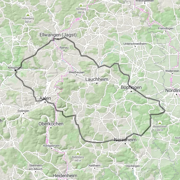 Karten-Miniaturansicht der Radinspiration "Herausforderung um Aalen und Schwäbisch Gmünd" in Stuttgart, Germany. Erstellt vom Tarmacs.app-Routenplaner für Radtouren