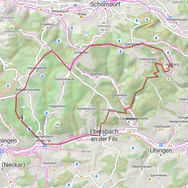 Map miniature of "Adelberg Gravel Tour" cycling inspiration in Stuttgart, Germany. Generated by Tarmacs.app cycling route planner