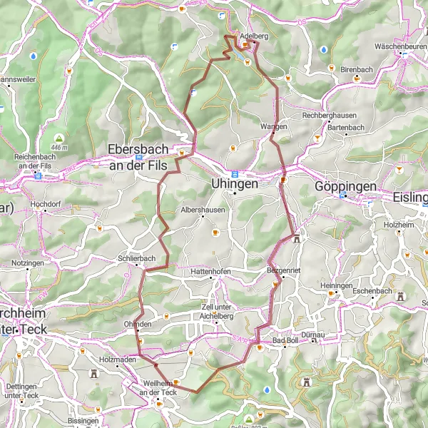 Map miniature of "Adelberg to Weilheim an der Teck Gravel Route" cycling inspiration in Stuttgart, Germany. Generated by Tarmacs.app cycling route planner