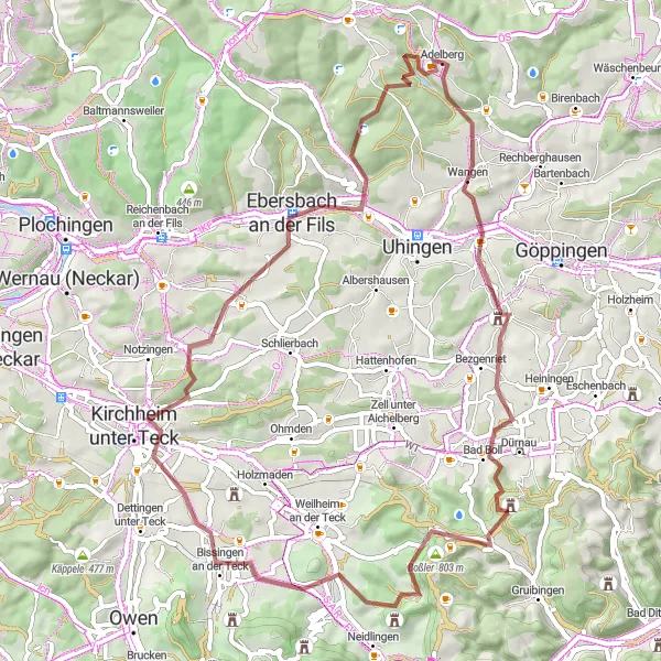 Karten-Miniaturansicht der Radinspiration "Gravel-Route durch die Natur von Adelberg" in Stuttgart, Germany. Erstellt vom Tarmacs.app-Routenplaner für Radtouren