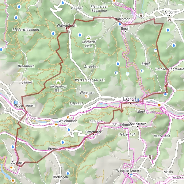 Map miniature of "Gravel Adventure near Adelberg" cycling inspiration in Stuttgart, Germany. Generated by Tarmacs.app cycling route planner