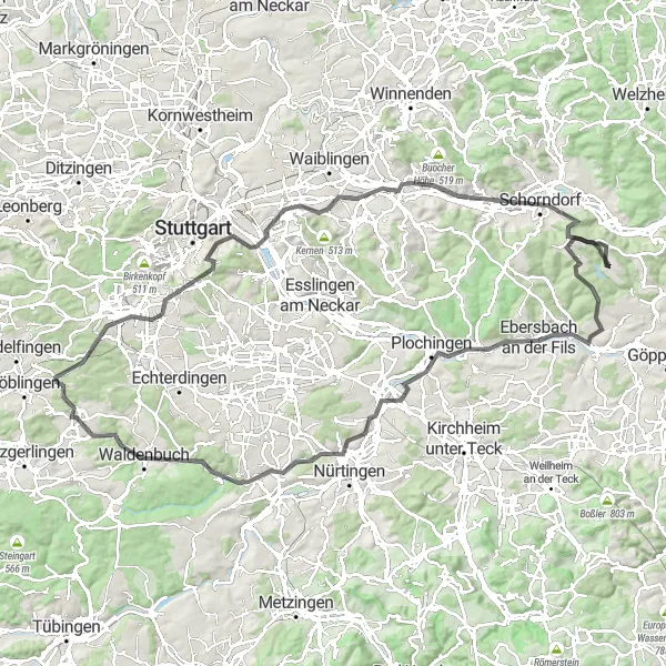 Map miniature of "Adelberg to Ottilienberg Road Route" cycling inspiration in Stuttgart, Germany. Generated by Tarmacs.app cycling route planner