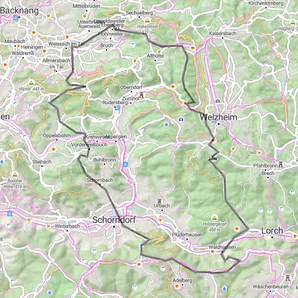 Map miniature of "Schorndorf Loop via Ebnisee" cycling inspiration in Stuttgart, Germany. Generated by Tarmacs.app cycling route planner