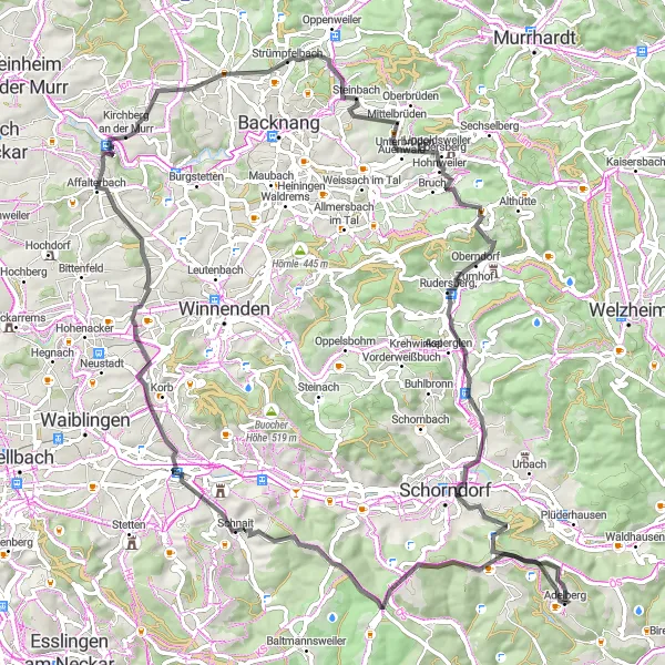 Karten-Miniaturansicht der Radinspiration "Radtour nach Rudersberg und Schorndorf" in Stuttgart, Germany. Erstellt vom Tarmacs.app-Routenplaner für Radtouren