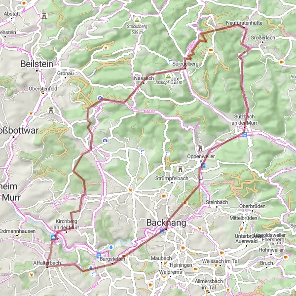 Map miniature of "Gravel Adventure to Backnang and Kirchberg" cycling inspiration in Stuttgart, Germany. Generated by Tarmacs.app cycling route planner
