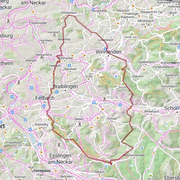 Karten-Miniaturansicht der Radinspiration "Gravelabenteuer um Affalterbach" in Stuttgart, Germany. Erstellt vom Tarmacs.app-Routenplaner für Radtouren