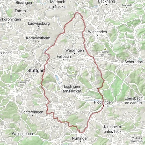 Map miniature of "The Stuttgart Hills Circuit" cycling inspiration in Stuttgart, Germany. Generated by Tarmacs.app cycling route planner