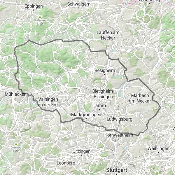 Map miniature of "The Hilly Adventure" cycling inspiration in Stuttgart, Germany. Generated by Tarmacs.app cycling route planner
