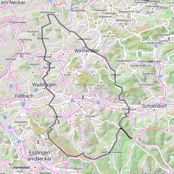 Karten-Miniaturansicht der Radinspiration "Rundtour von Affalterbach nach Winnenden" in Stuttgart, Germany. Erstellt vom Tarmacs.app-Routenplaner für Radtouren