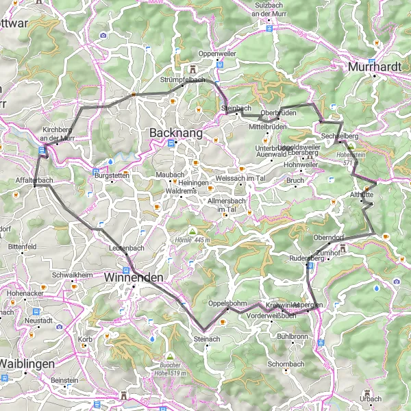 Karten-Miniaturansicht der Radinspiration "Rundkurs von Affalterbach nach Kirchberg an der Murr" in Stuttgart, Germany. Erstellt vom Tarmacs.app-Routenplaner für Radtouren