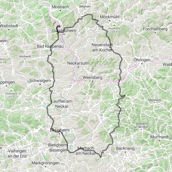 Map miniature of "Marbach Adventure" cycling inspiration in Stuttgart, Germany. Generated by Tarmacs.app cycling route planner