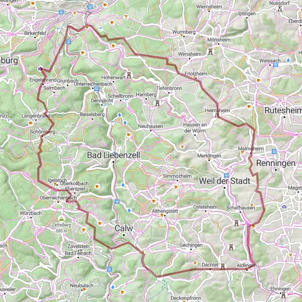 Karten-Miniaturansicht der Radinspiration "Gravel-Abenteuer durch Wälder und Hügel in der Nähe von Stuttgart" in Stuttgart, Germany. Erstellt vom Tarmacs.app-Routenplaner für Radtouren