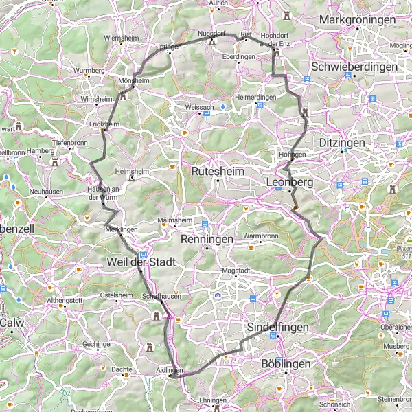 Karten-Miniaturansicht der Radinspiration "Kultur und Natur um Aidlingen" in Stuttgart, Germany. Erstellt vom Tarmacs.app-Routenplaner für Radtouren