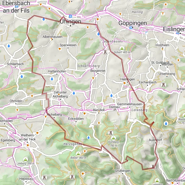 Map miniature of "Gruibingen Adventure Ride" cycling inspiration in Stuttgart, Germany. Generated by Tarmacs.app cycling route planner