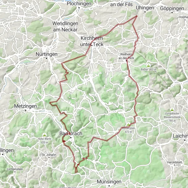 Map miniature of "The Gravel Adventure" cycling inspiration in Stuttgart, Germany. Generated by Tarmacs.app cycling route planner