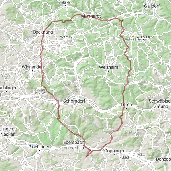 Map miniature of "The Gravel Adventure" cycling inspiration in Stuttgart, Germany. Generated by Tarmacs.app cycling route planner
