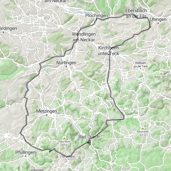 Map miniature of "The Swabian Alb Challenge" cycling inspiration in Stuttgart, Germany. Generated by Tarmacs.app cycling route planner