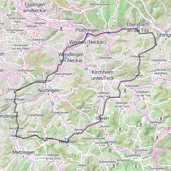 Map miniature of "Ohmden Loop" cycling inspiration in Stuttgart, Germany. Generated by Tarmacs.app cycling route planner