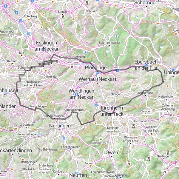 Map miniature of "Road Through The Hills" cycling inspiration in Stuttgart, Germany. Generated by Tarmacs.app cycling route planner