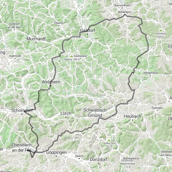 Karten-Miniaturansicht der Radinspiration "Rundkurs Hintere Schur - Uhingen" in Stuttgart, Germany. Erstellt vom Tarmacs.app-Routenplaner für Radtouren