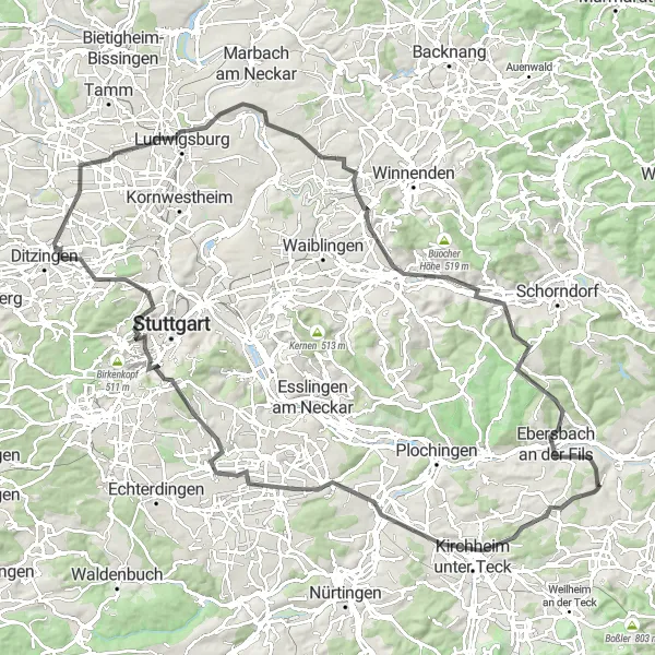 Karten-Miniaturansicht der Radinspiration "Rundkurs Albershausen - Ebersbach an der Fils" in Stuttgart, Germany. Erstellt vom Tarmacs.app-Routenplaner für Radtouren