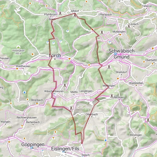 Karten-Miniaturansicht der Radinspiration "Gravel-Tour zum Hörnle und Lorch" in Stuttgart, Germany. Erstellt vom Tarmacs.app-Routenplaner für Radtouren