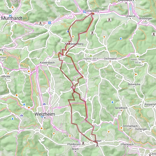 Karten-Miniaturansicht der Radinspiration "Gravel-Tour nach Kirchenkirnberg und Meuschenmühle" in Stuttgart, Germany. Erstellt vom Tarmacs.app-Routenplaner für Radtouren