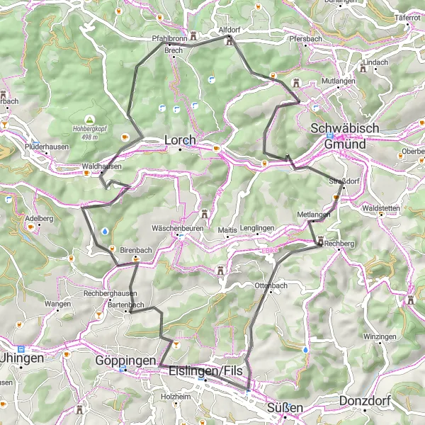 Karten-Miniaturansicht der Radinspiration "Road-Tour zum Rechberg und Eislingen/Fils" in Stuttgart, Germany. Erstellt vom Tarmacs.app-Routenplaner für Radtouren