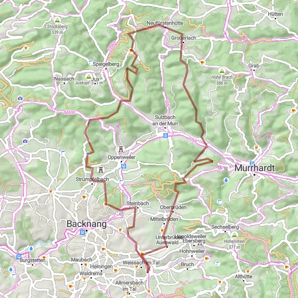 Map miniature of "Weissach-Großerlach Adventure" cycling inspiration in Stuttgart, Germany. Generated by Tarmacs.app cycling route planner