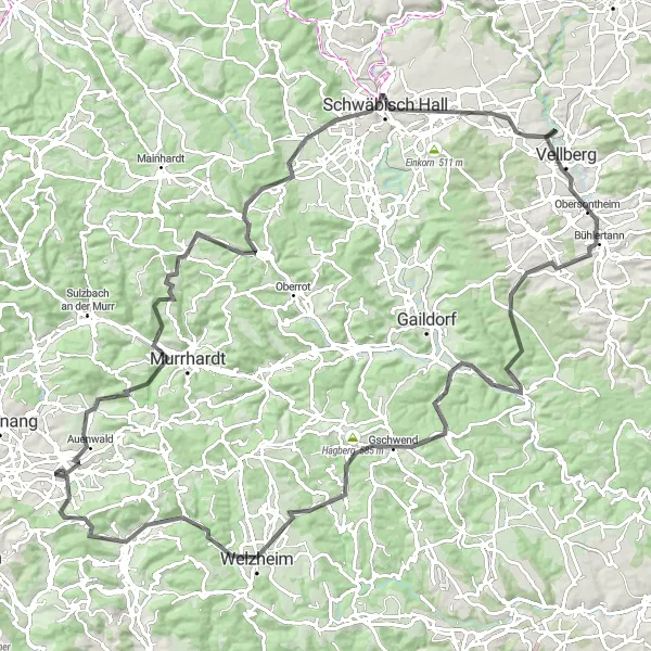 Map miniature of "Weissach-Schwäbisch Hall Discovery" cycling inspiration in Stuttgart, Germany. Generated by Tarmacs.app cycling route planner