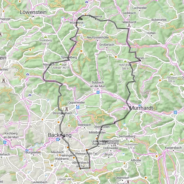 Karten-Miniaturansicht der Radinspiration "Runde durch die hügelige Landschaft um Allmersbach im Tal" in Stuttgart, Germany. Erstellt vom Tarmacs.app-Routenplaner für Radtouren