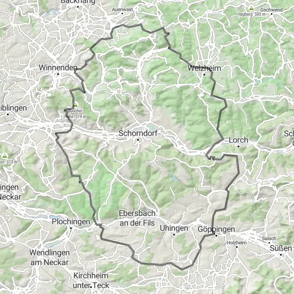 Map miniature of "Bürg to Allmersbach im Tal Road Trip" cycling inspiration in Stuttgart, Germany. Generated by Tarmacs.app cycling route planner